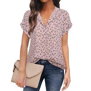 Women Pink Short Sleeve Blouses V Neck Design Business Attire Collared Shirts